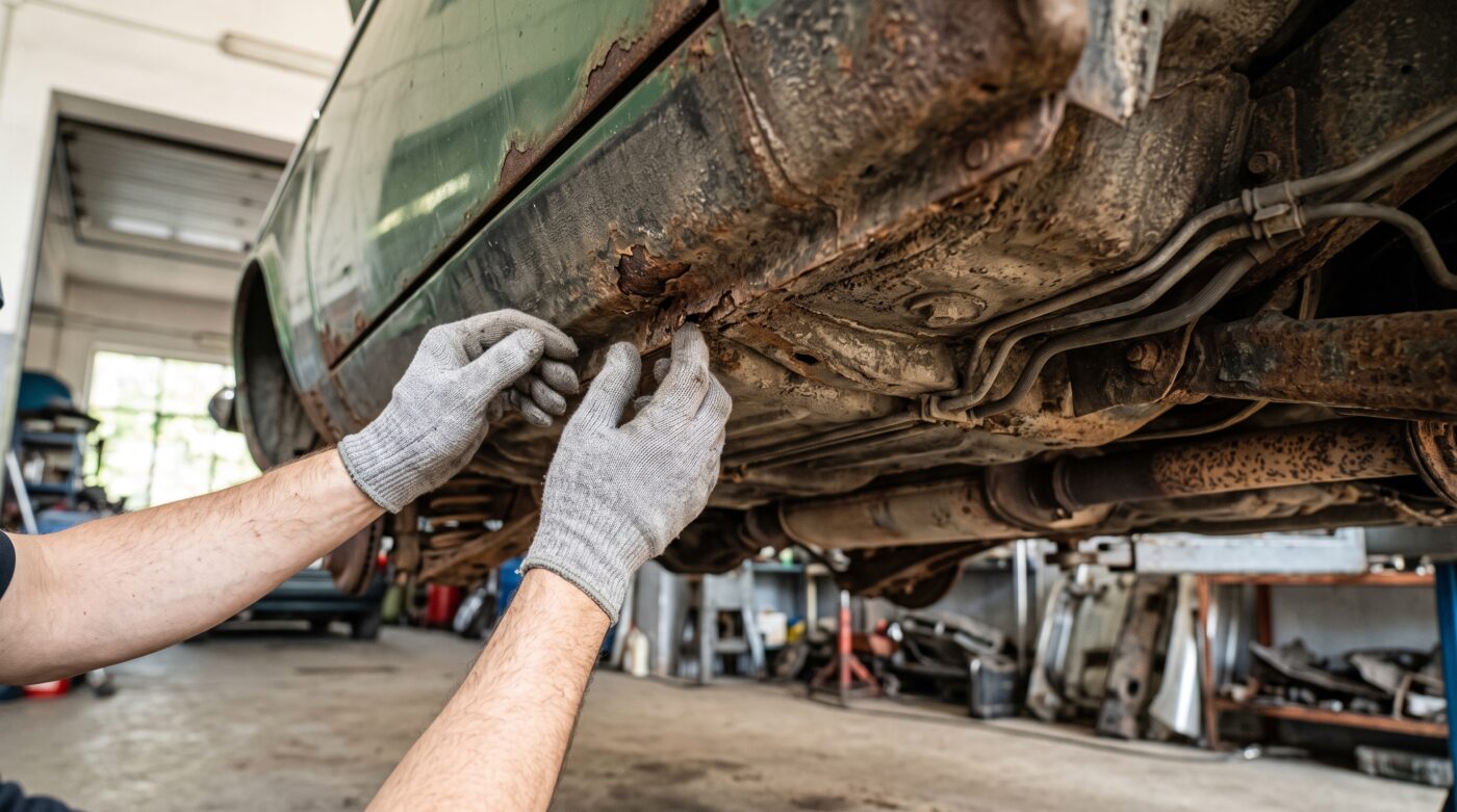 Inspection minutieuse des bas de caisse et du châssis d'une voiture ancienne pour détecter la corrosion cachée.