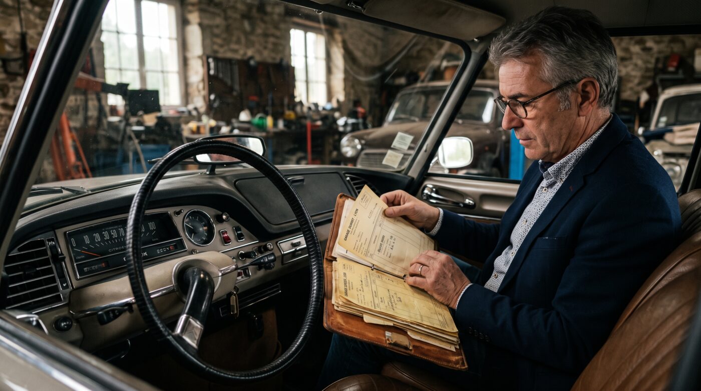 Contrôle rigoureux du dossier de factures et de l'historique d'entretien lors de l'achat d'une voiture de collection.