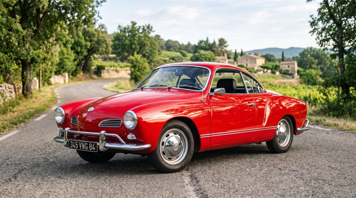 Volkswagen Karmann Ghia rouge vue de trois quarts avant sur une route de campagne française ensoleillée.