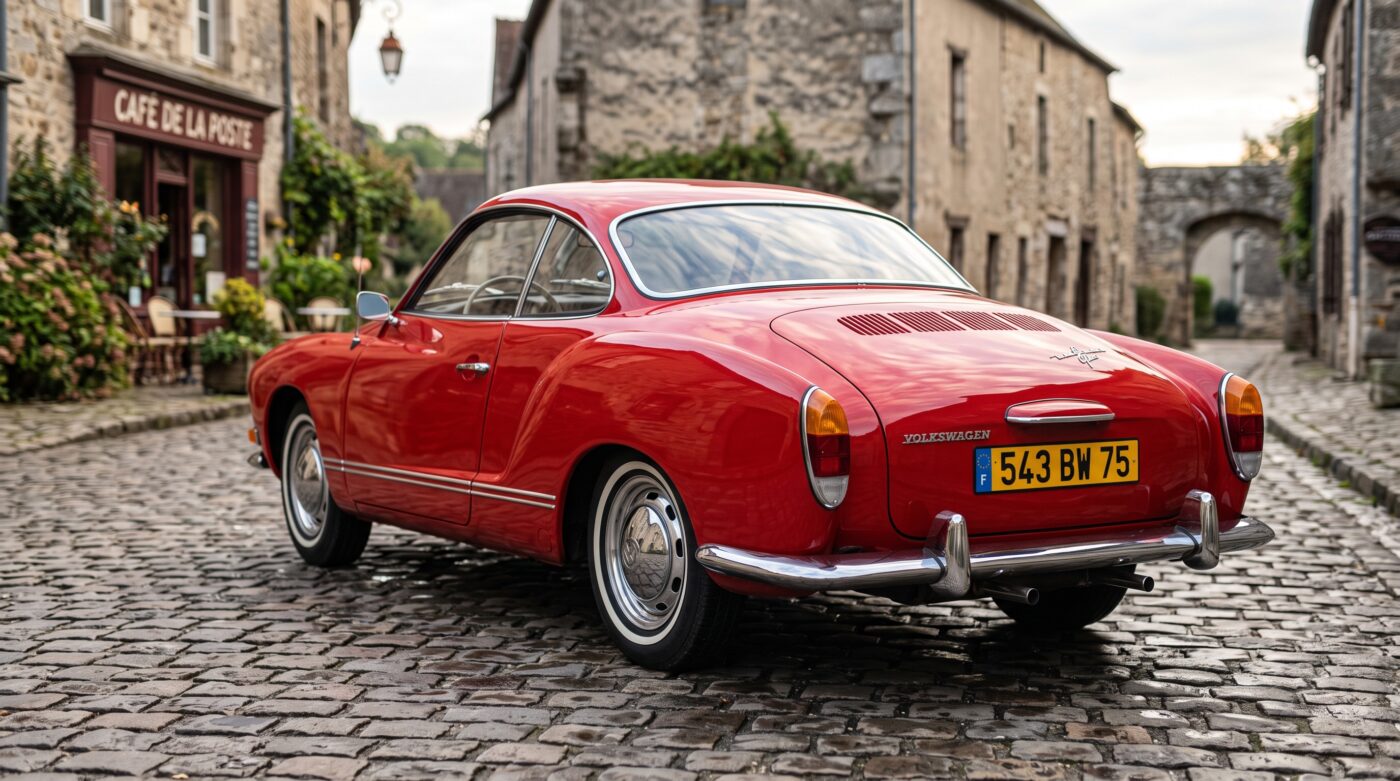 Volkswagen Karmann Ghia rouge vue de trois quarts arrière soulignant les courbes classiques et les feux.