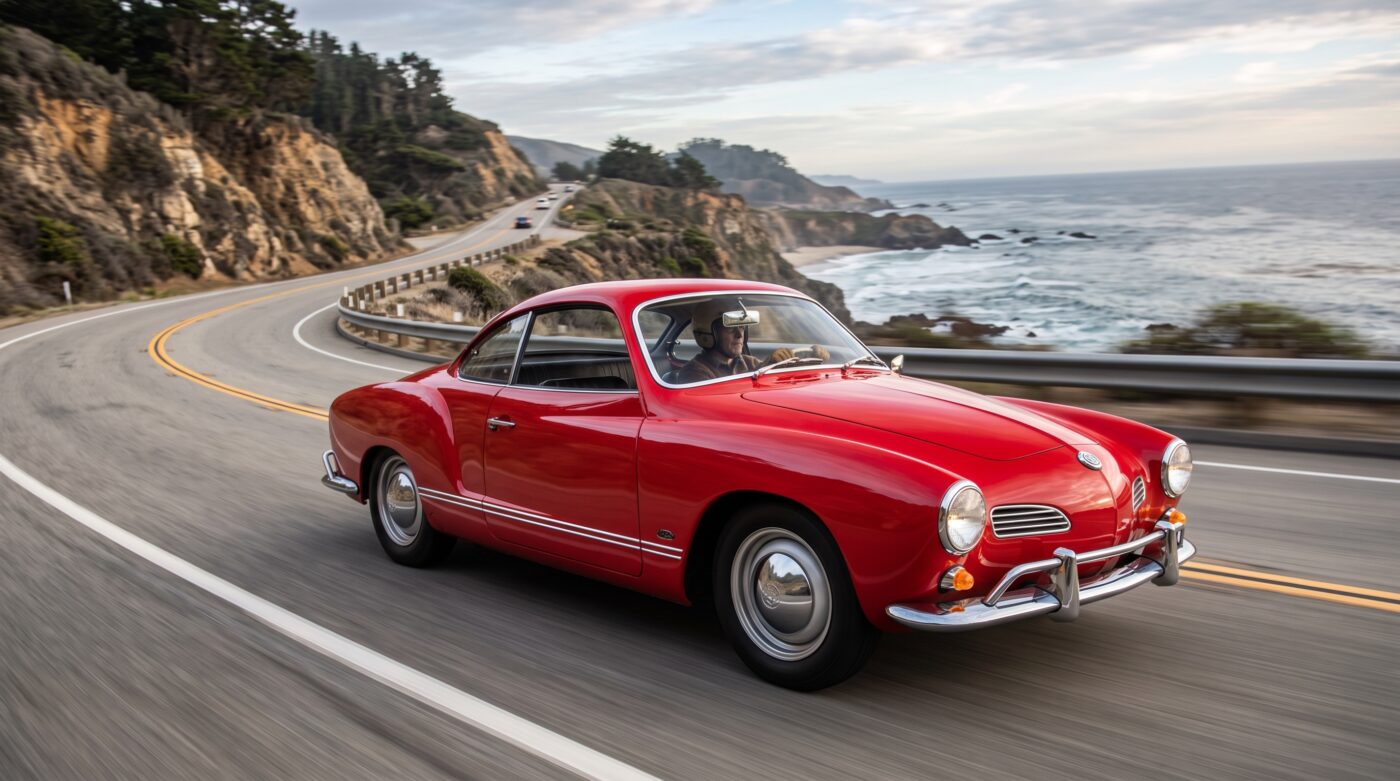 Volkswagen Karmann Ghia rouge en plein essai routier sur une route sinueuse, style photographie dynamique.