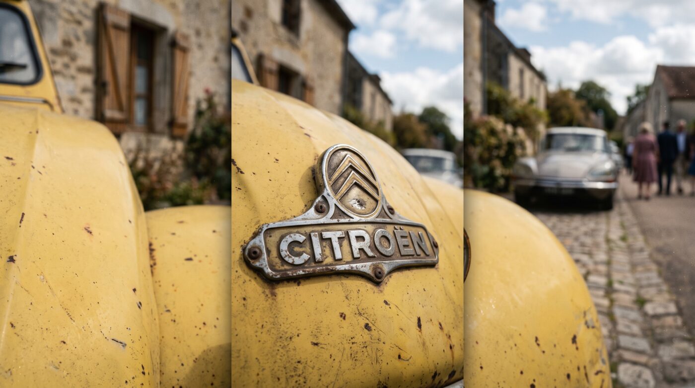 Détail historique sur la carrosserie d'une Citroën 2CV jaune, symbolisant l'héritage et l'authenticité de ce modèle de collection.