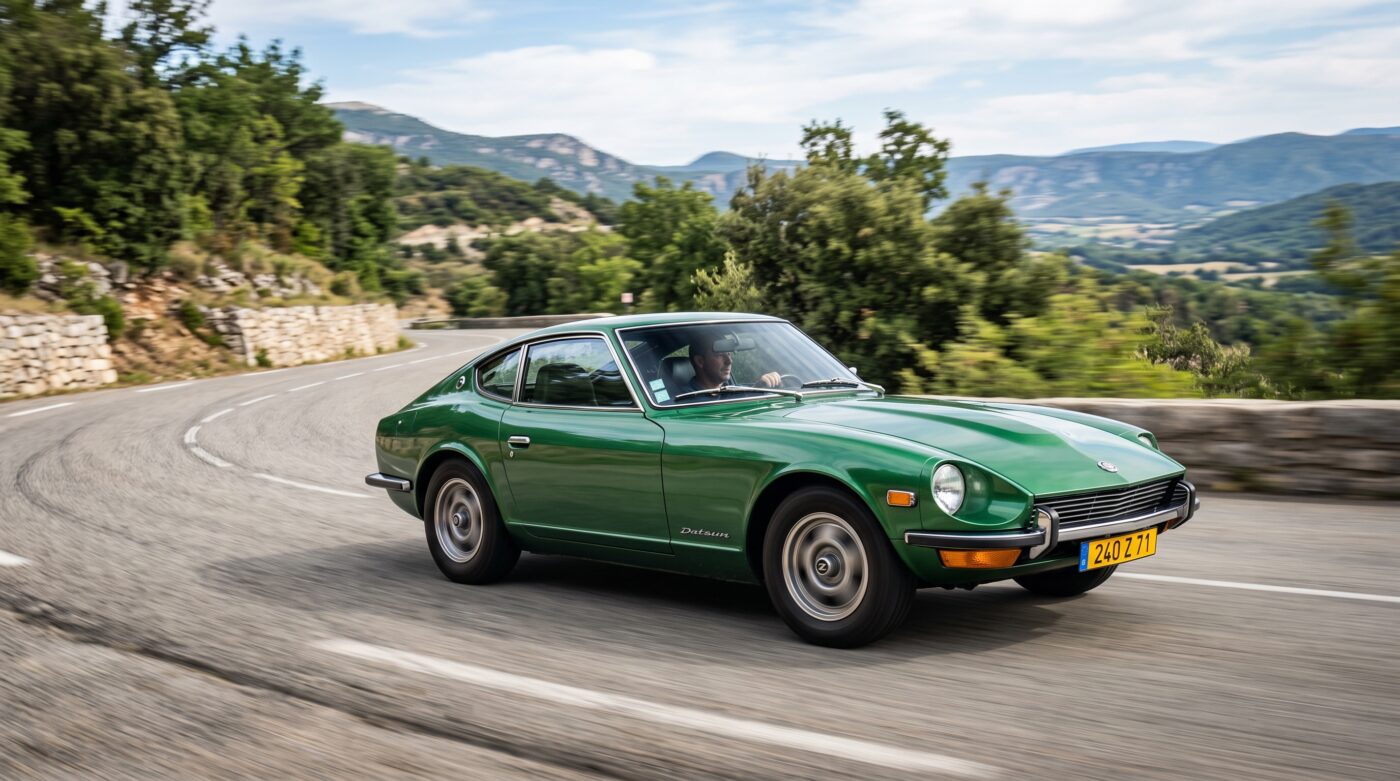 Essai routier Datsun 240Z Datsun 240Z verte en plein essai routier sur une route sinueuse, photographie dynamique haute qualité.
