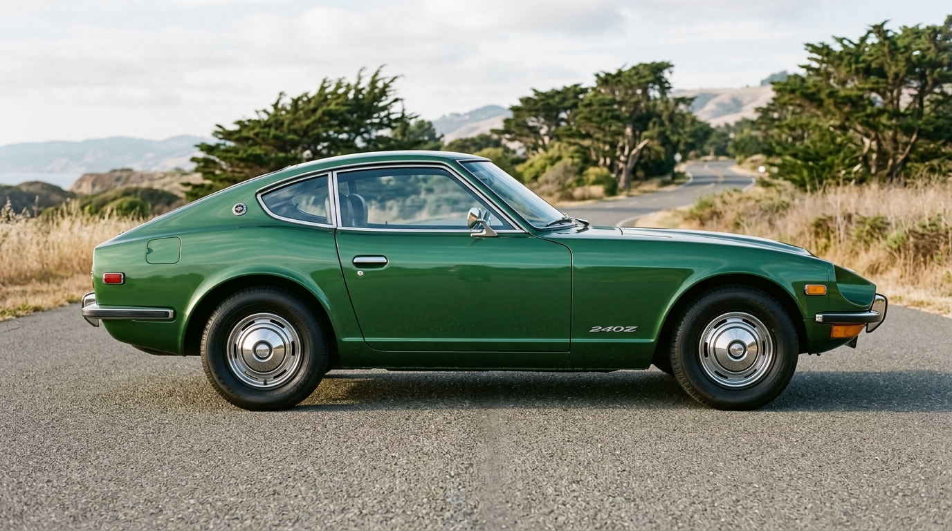 Datsun 240Z profil Vue latérale complète de la Datsun 240Z verte montrant les proportions élégantes de la silhouette coupé.