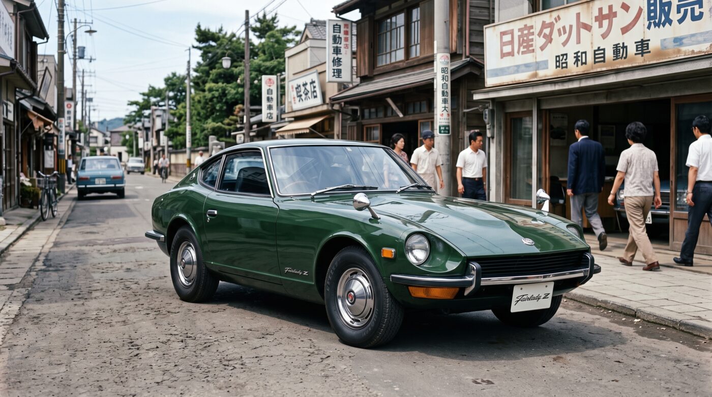 Historique Datsun 240Z Détail du badge Datsun sur la carrosserie verte, illustrant l'authenticité et l'histoire du modèle 240Z.