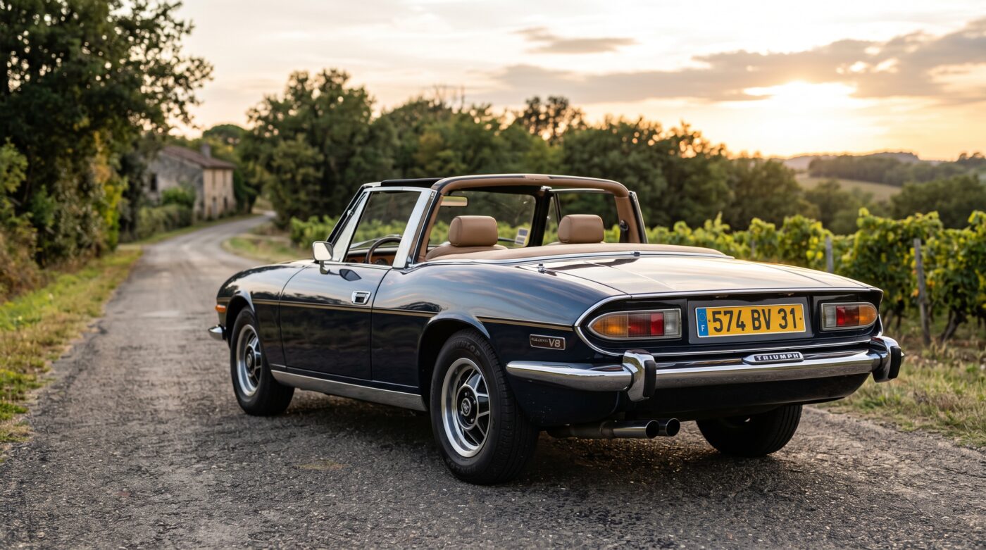 Vue arrière de trois quarts d'une Triumph Stag bleu nuit, mettant en avant les courbes et les feux d'origine.