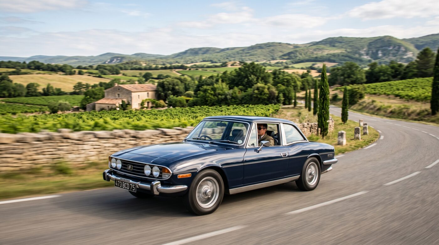 Triumph Stag bleu nuit en essai routier sur une route de campagne, capture dynamique et réaliste.