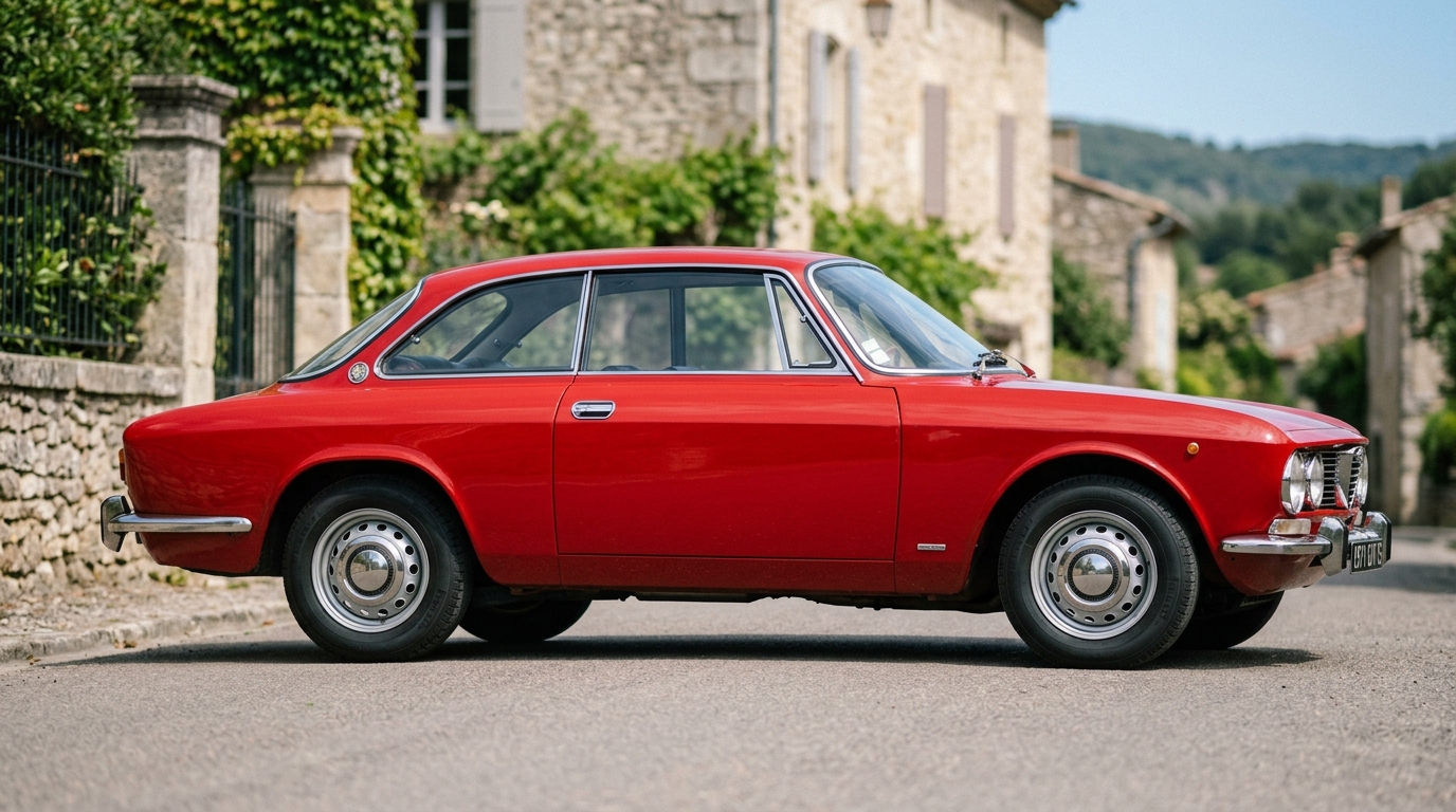  Profil latéral d'une Alfa Romeo 2000 GTV rouge, révélant les proportions harmonieuses du coupé dessiné par Bertone.