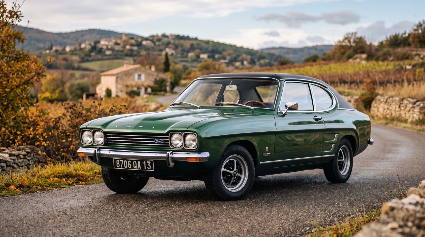 Ford Capri verte millésime 1969-1986 vue de trois quarts avant stationnée dans un cadre naturel élégant.
