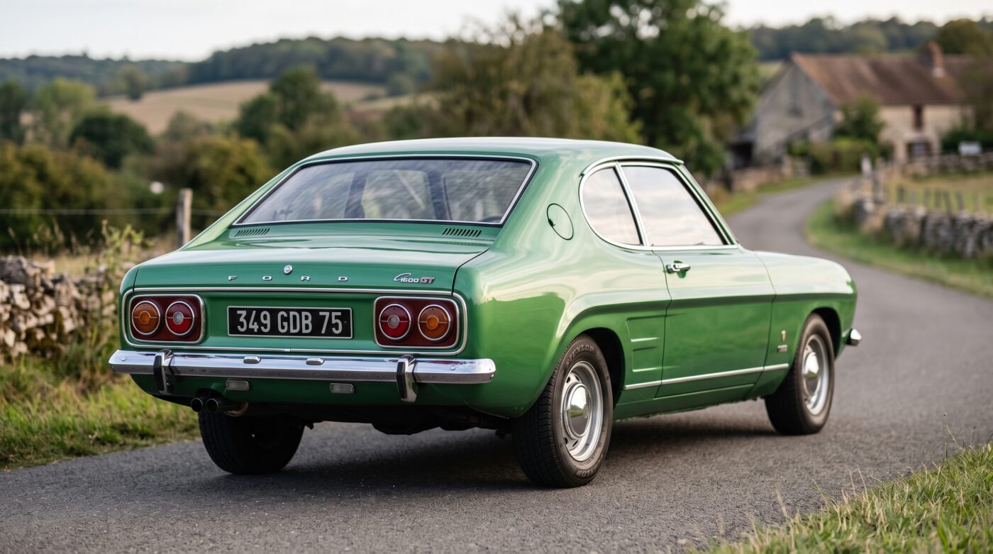 Ford Capri verte millésime 1969-1986 vue de trois quarts arrière soulignant ses lignes classiques.