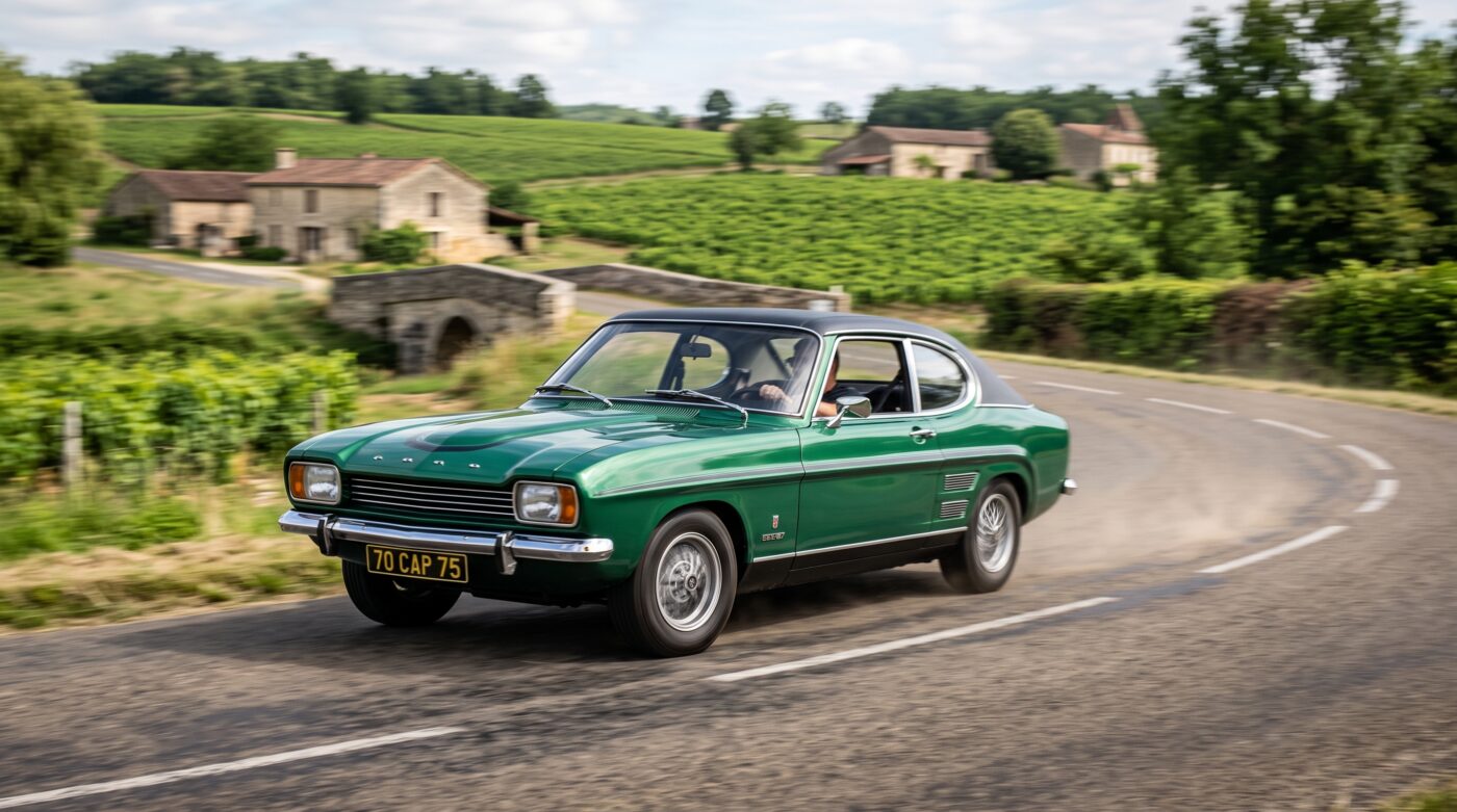 Ford Capri verte millésime 1969-1986 en plein essai routier sur une route sinueuse.