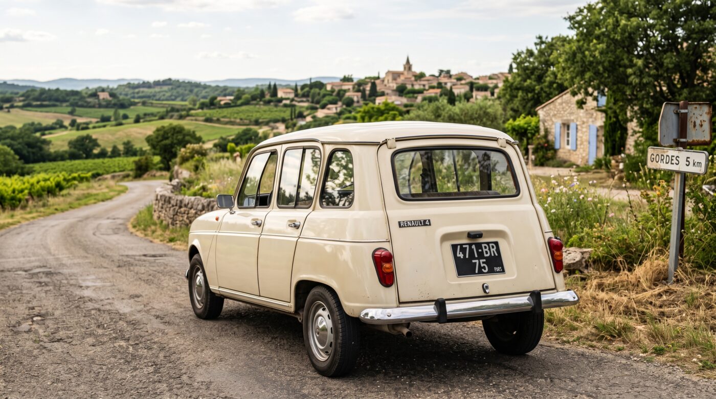 Vue de trois quarts arrière d'une Renault 4L classique couleur crème avec ses optiques arrière d'origine.