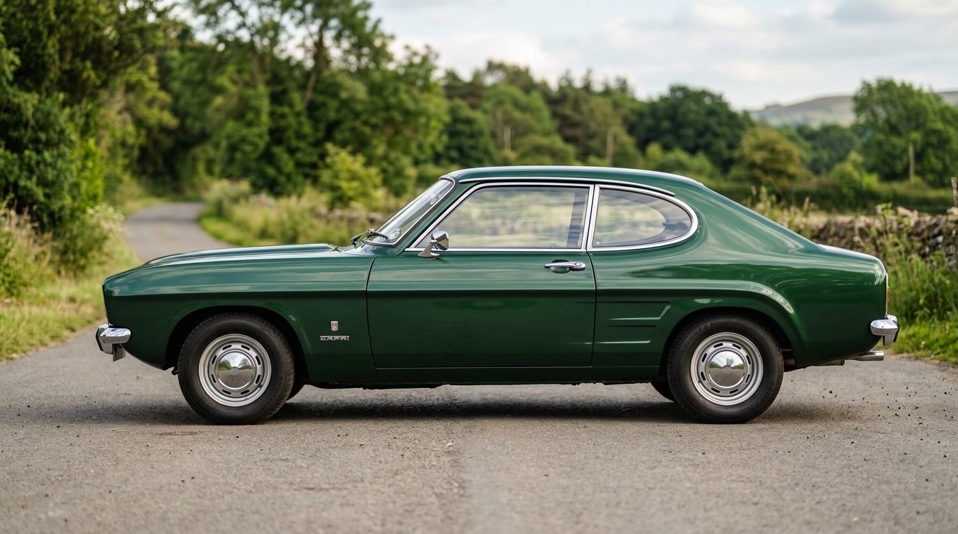 Ford Capri verte millésime 1969-1986 vue de profil mettant en valeur sa ligne de coupé sport.