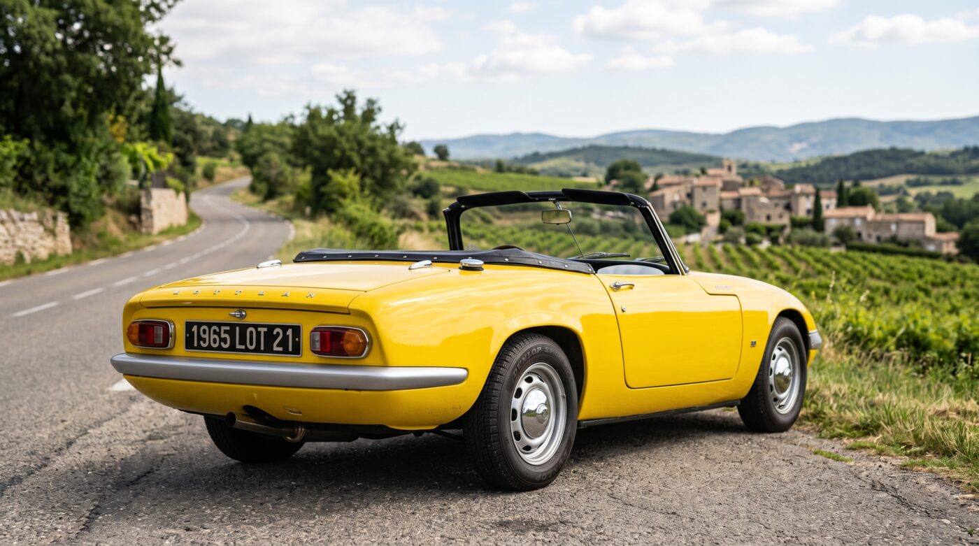 Lotus Elan jaune : vue arrière Vue de trois quarts arrière d'une Lotus Elan jaune de collection, conservant son design iconique d'origine.