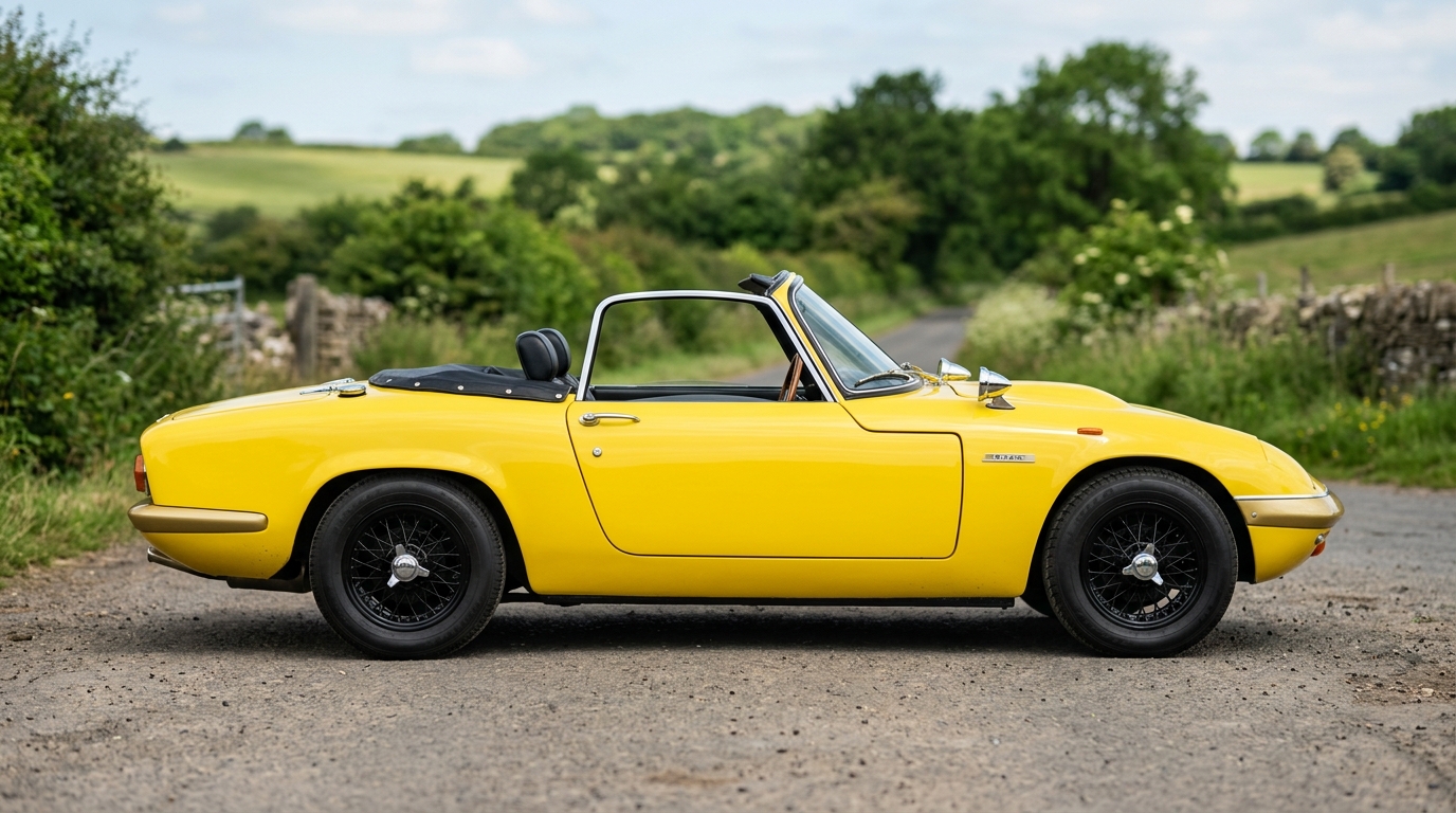 Lotus Elan jaune : profil Profil latéral d'une Lotus Elan jaune de 1962-1975 mettant en valeur ses lignes épurées et légères.