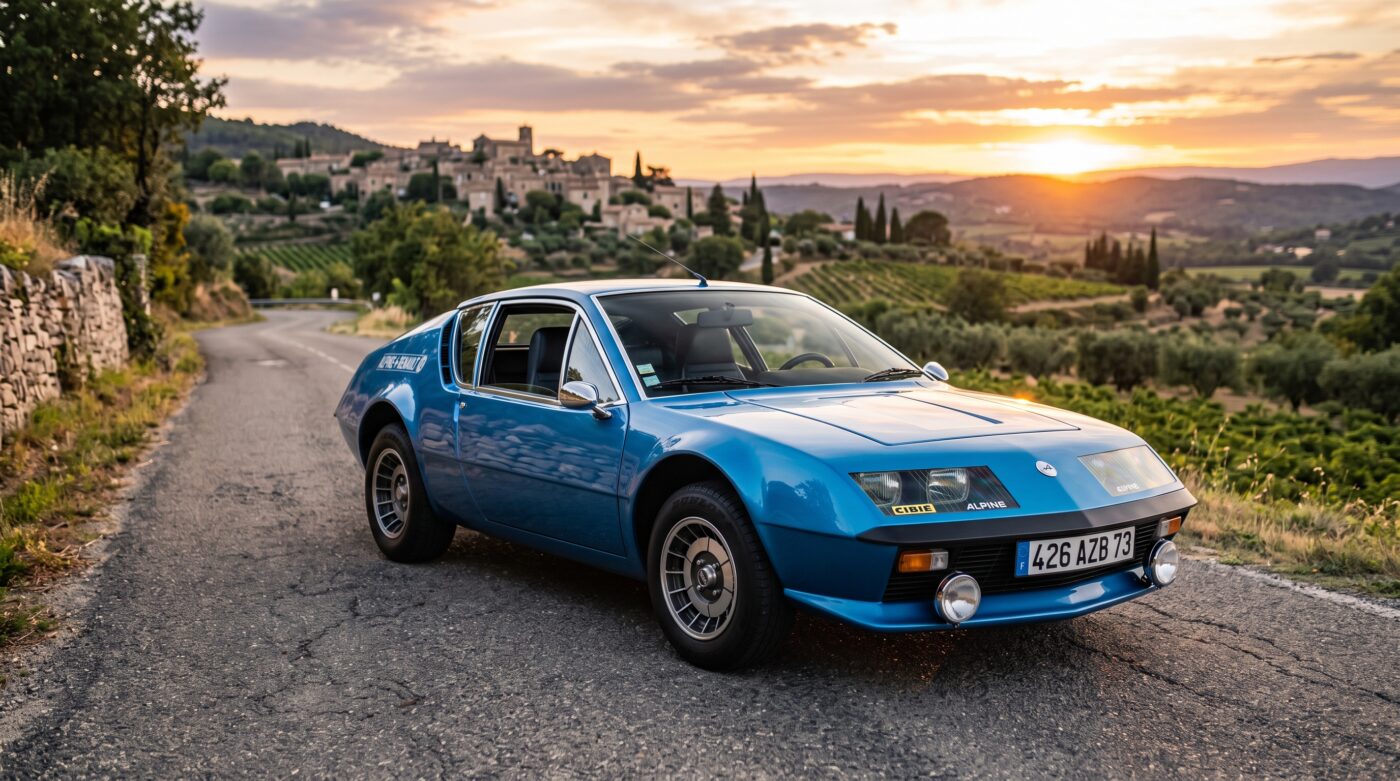Vue de trois quarts avant d'une Alpine A310 bleue, icône française des voitures de sport des années 70.