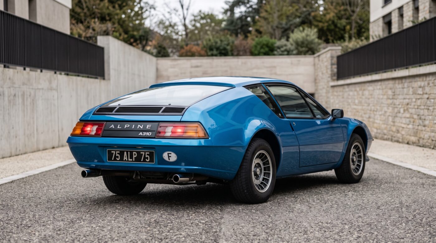 Vue arrière de l'Alpine A310 bleue, mettant en avant ses lignes aérodynamiques et ses feux caractéristiques.