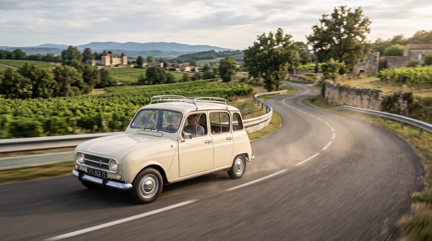 Renault 4L crème en situation d'essai routier sur une route de campagne française, style photographique.