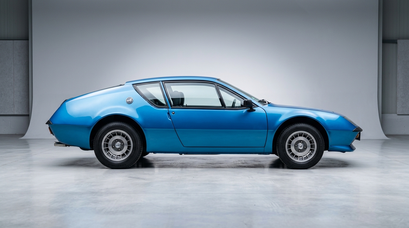 Vue de profil de l'Alpine A310 bleue, soulignant son design unique et son profil bas typique des coupés sport.