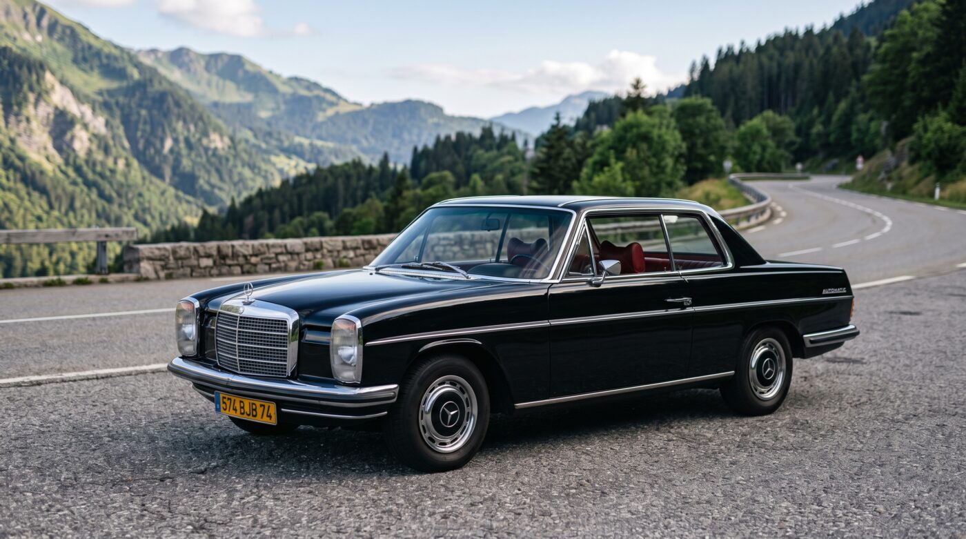 Mercedes W114 Coupe noir vue de trois quarts avant, mettant en valeur son design classique et ses chromes d'origine.