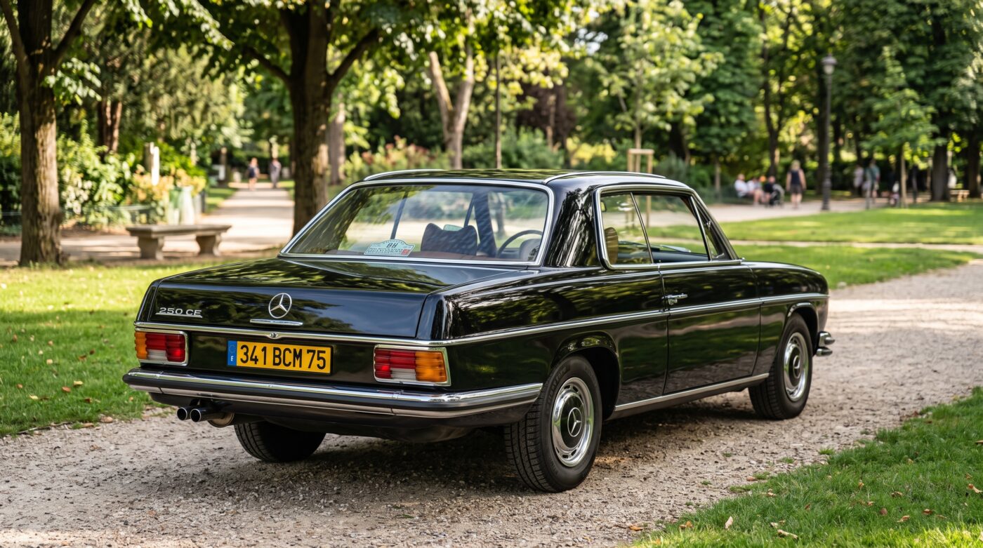 Vue de trois quarts arrière d'une Mercedes W114 Coupé noire, soulignant la ligne élégante et les optiques arrière.