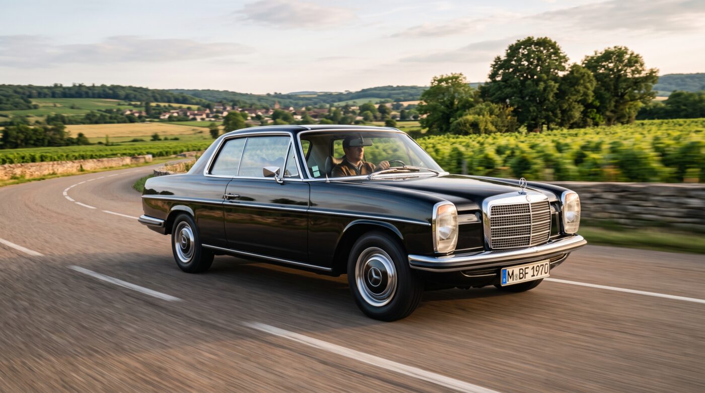 Mercedes W114 Coupé noire en mouvement sur une route de campagne, illustrant ses capacités lors d'un essai routier.
