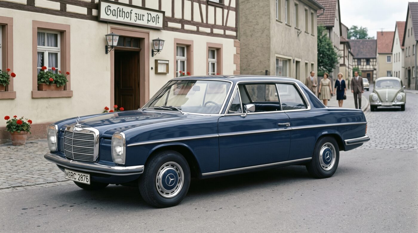 Mise en scène historique évoquant le passé et le patrimoine de la Mercedes W114 Coupé.