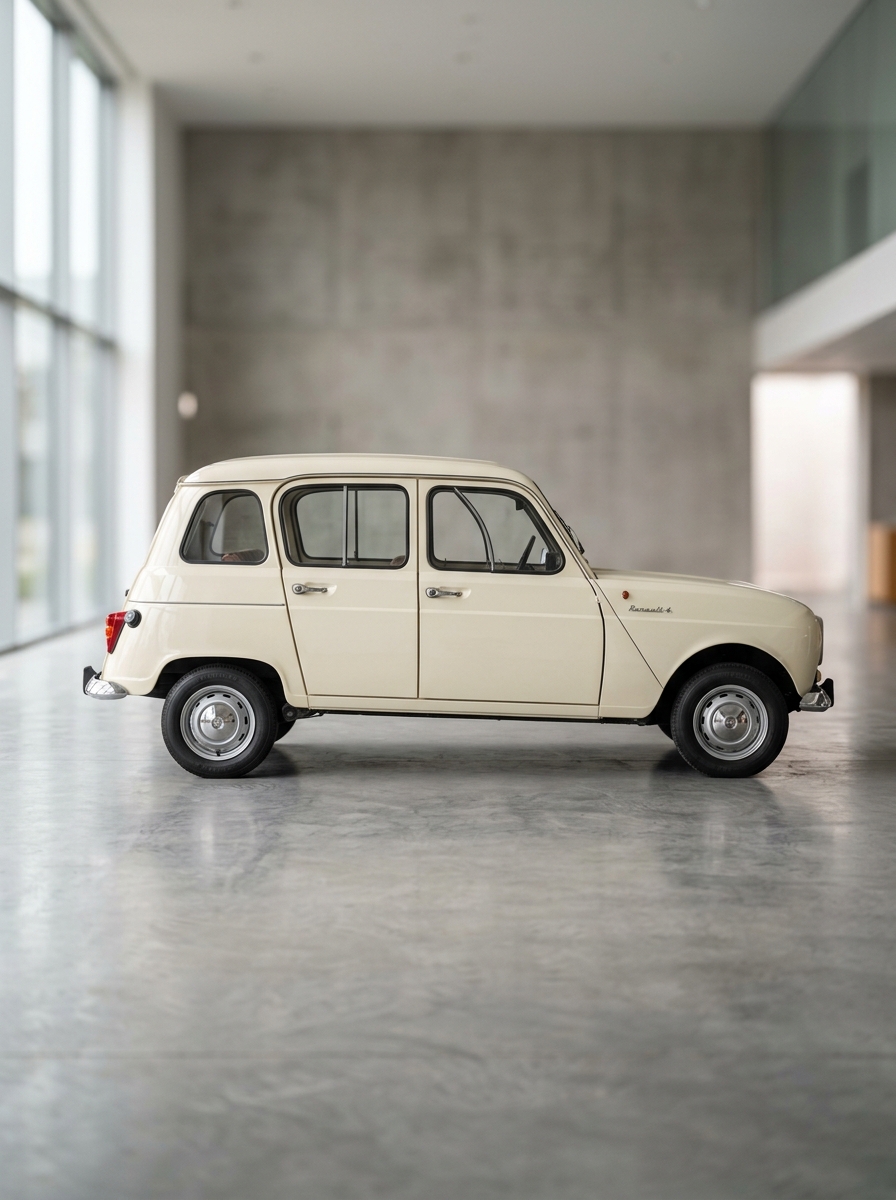 Vue de côté d'une Renault 4L couleur crème illustrant les lignes caractéristiques de la citadine française.