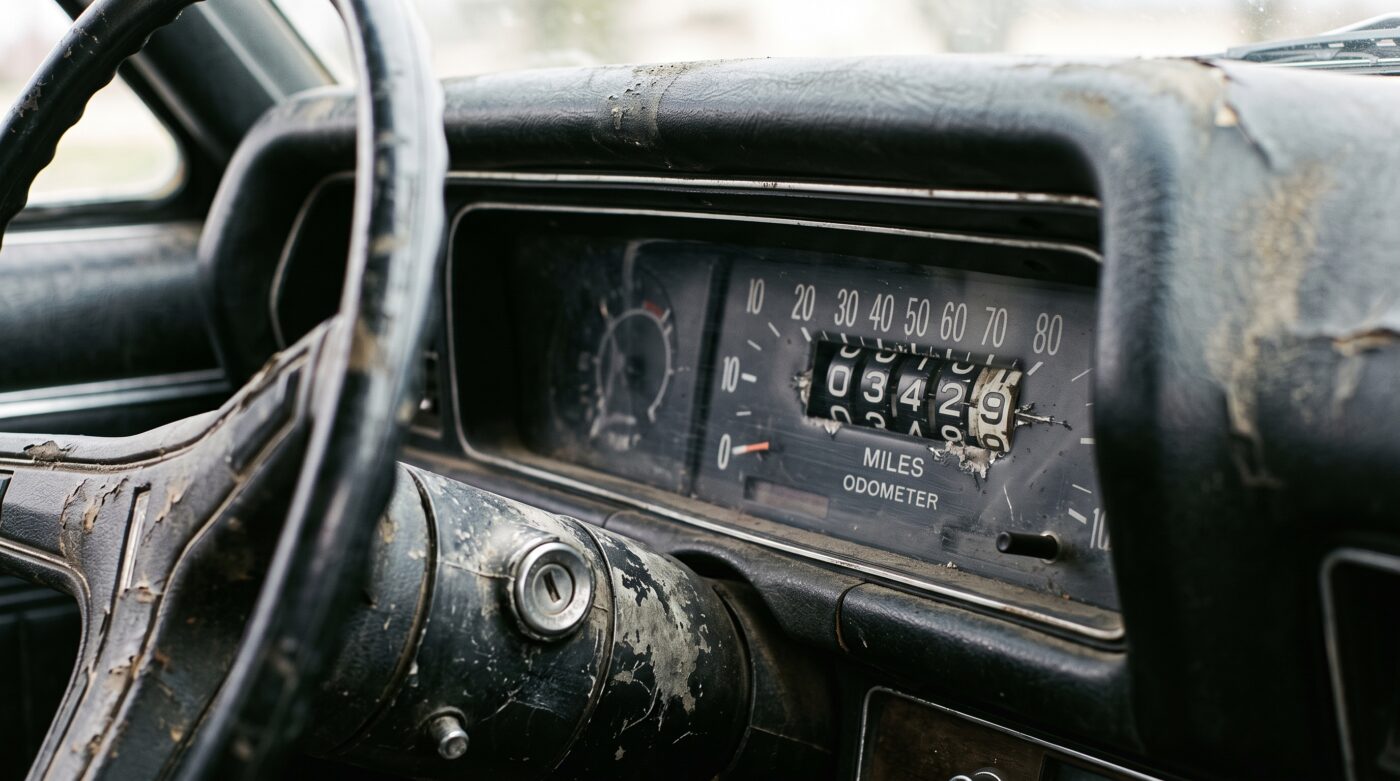 Gros plan sur un compteur kilométrique de voiture de collection ancienne avec des chiffres désalignés révélant une anomalie.