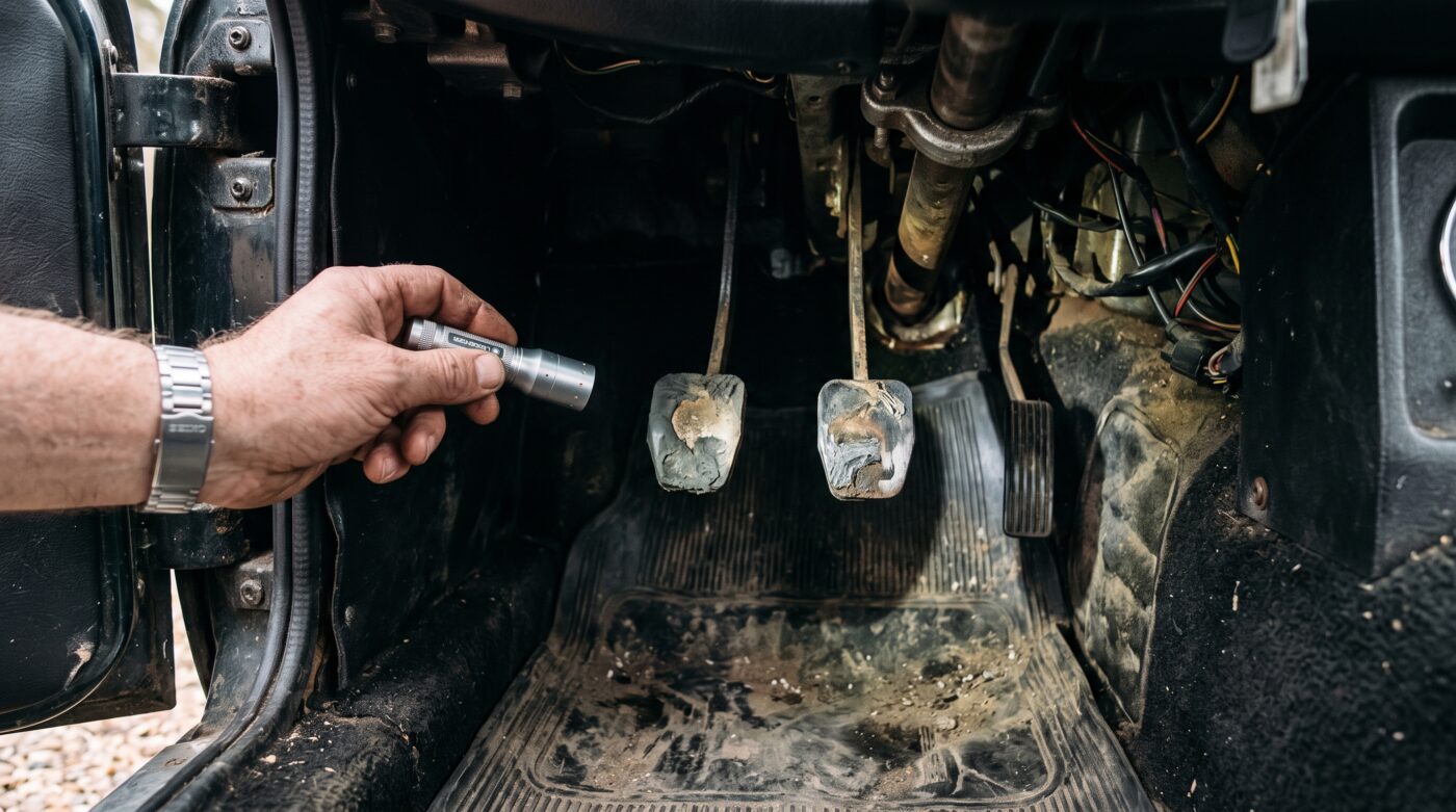 Inspection de l'usure du pédalier d'une voiture ancienne pour vérifier la cohérence du kilométrage réel.