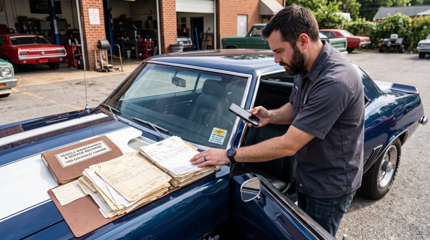 Acheteur vérifiant l'historique et les factures d'entretien d'une voiture de collection avant l'achat.
