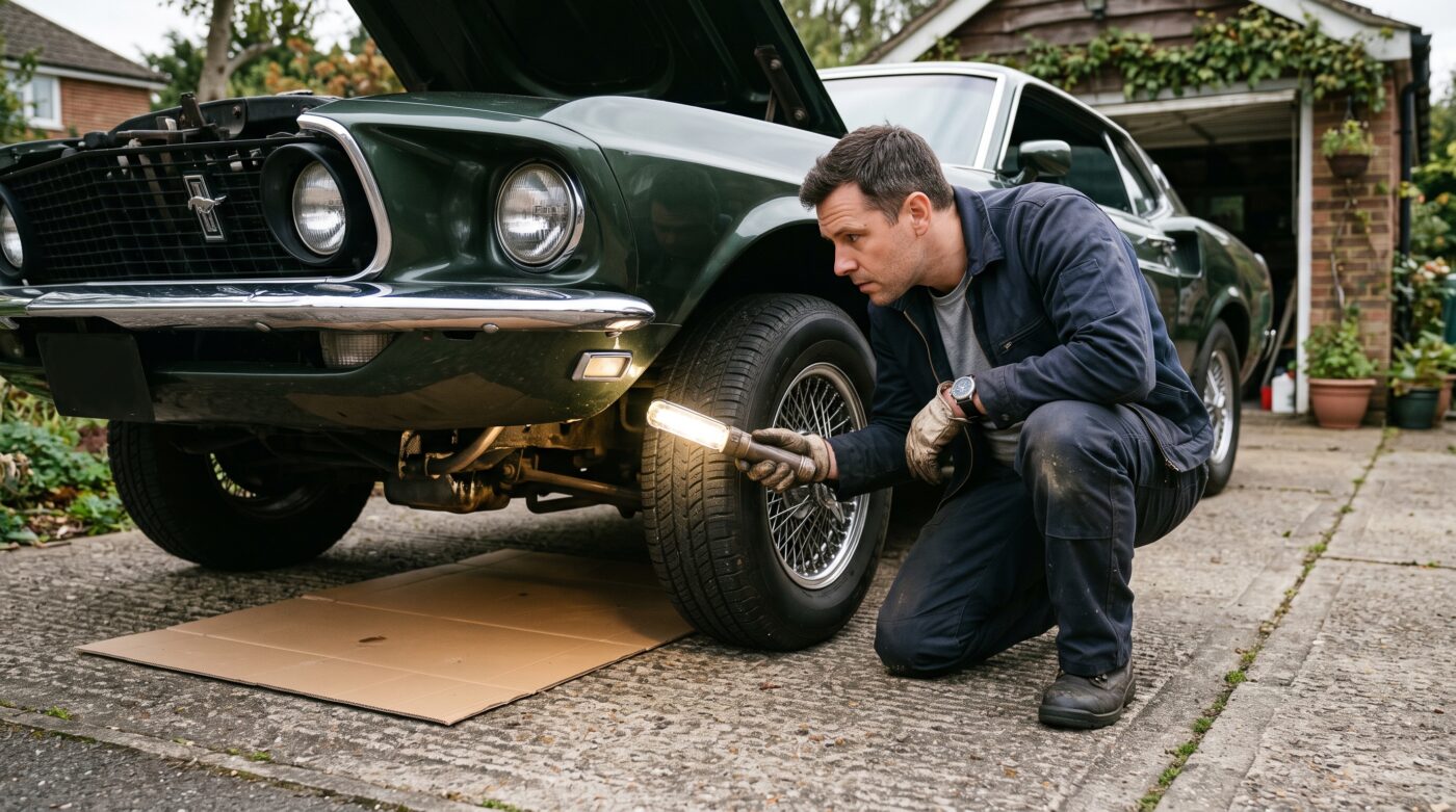 Acheteur inspectant le soubassement et le moteur d'une voiture de collection avec une lampe torche pour détecter une fuite.