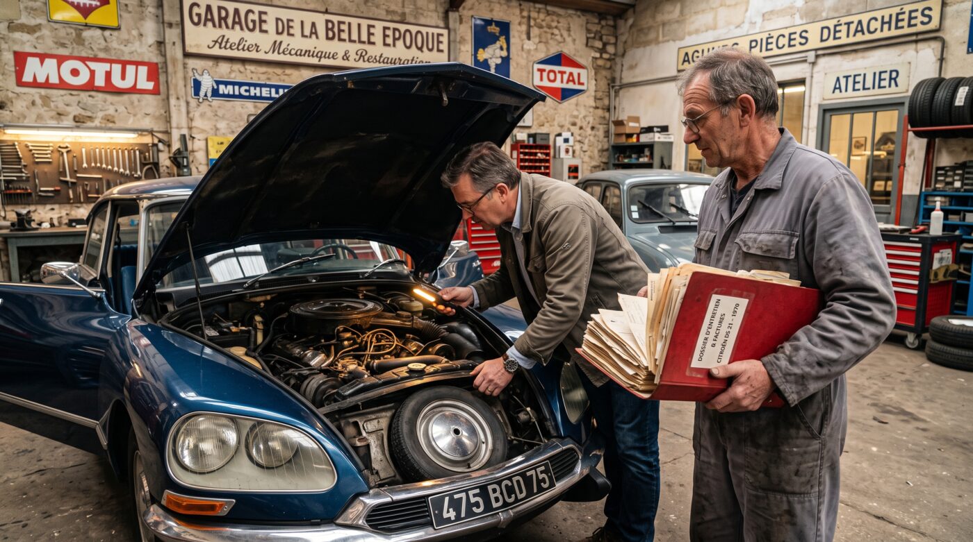 Acheteur inspectant le moteur d'une voiture ancienne tout en examinant le dossier de factures d'entretien complet.