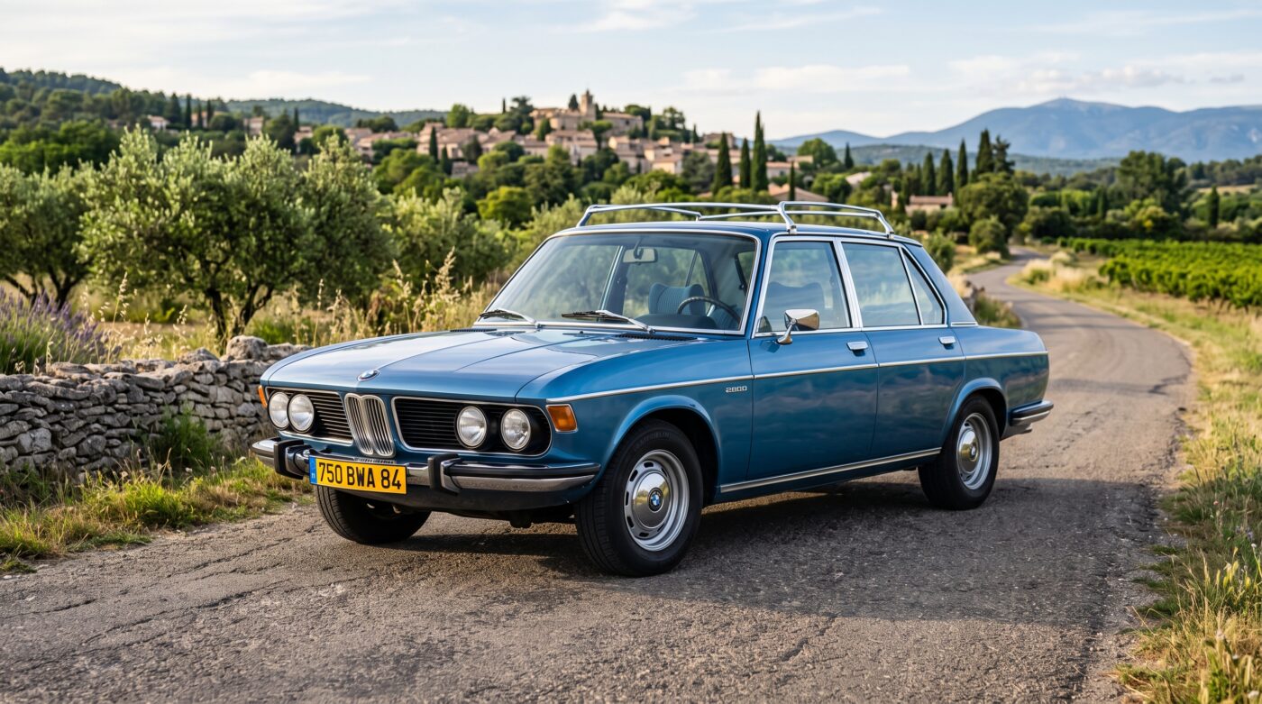 BMW E3 de 1970 en bleu, vue de trois quarts avant stationnée sur une route pittoresque avec plaque française.
