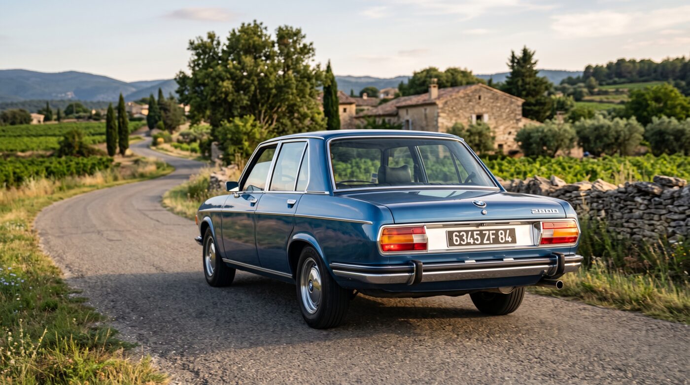 Vue de trois quarts arrière d'une BMW E3 bleue, mettant en valeur les optiques et les chromes d'origine.