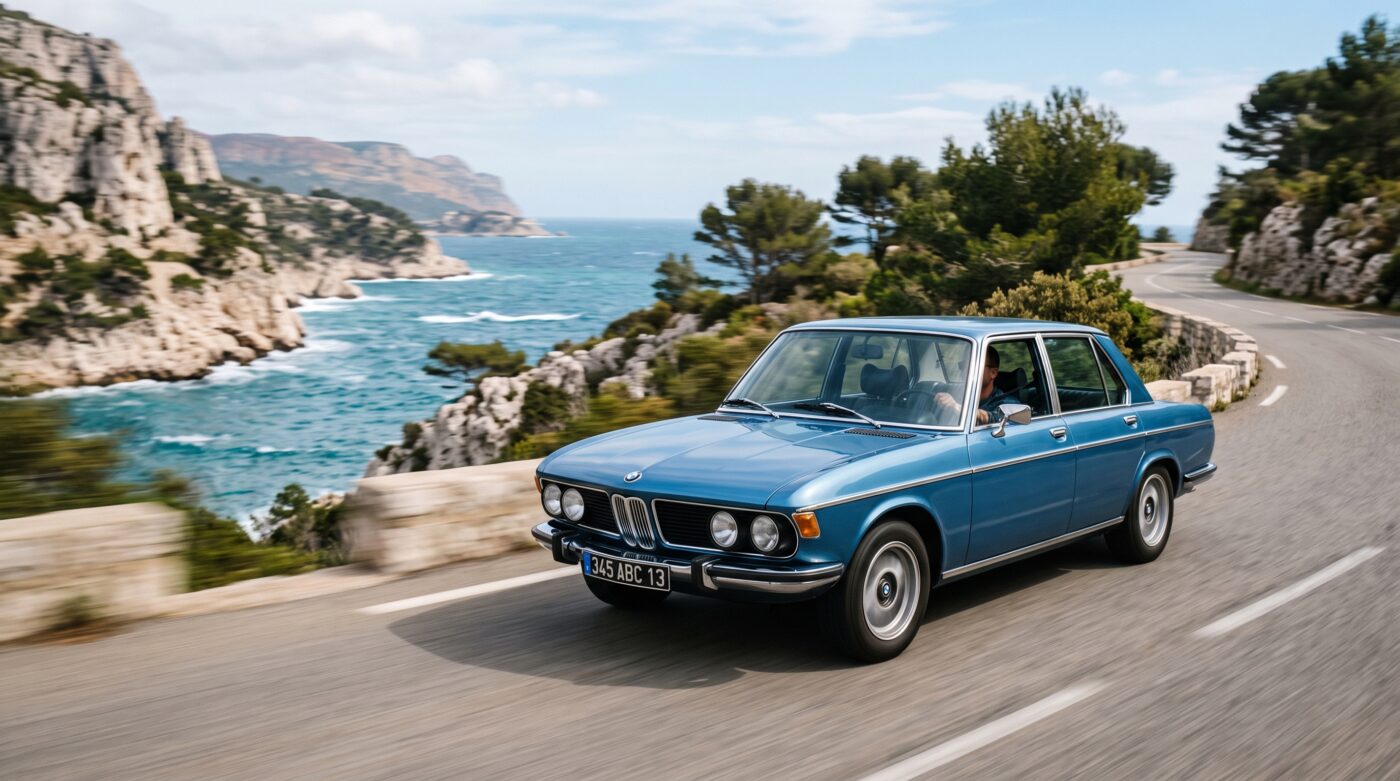 BMW E3 bleue en plein essai routier sur une route de campagne française, capture dynamique et réaliste.