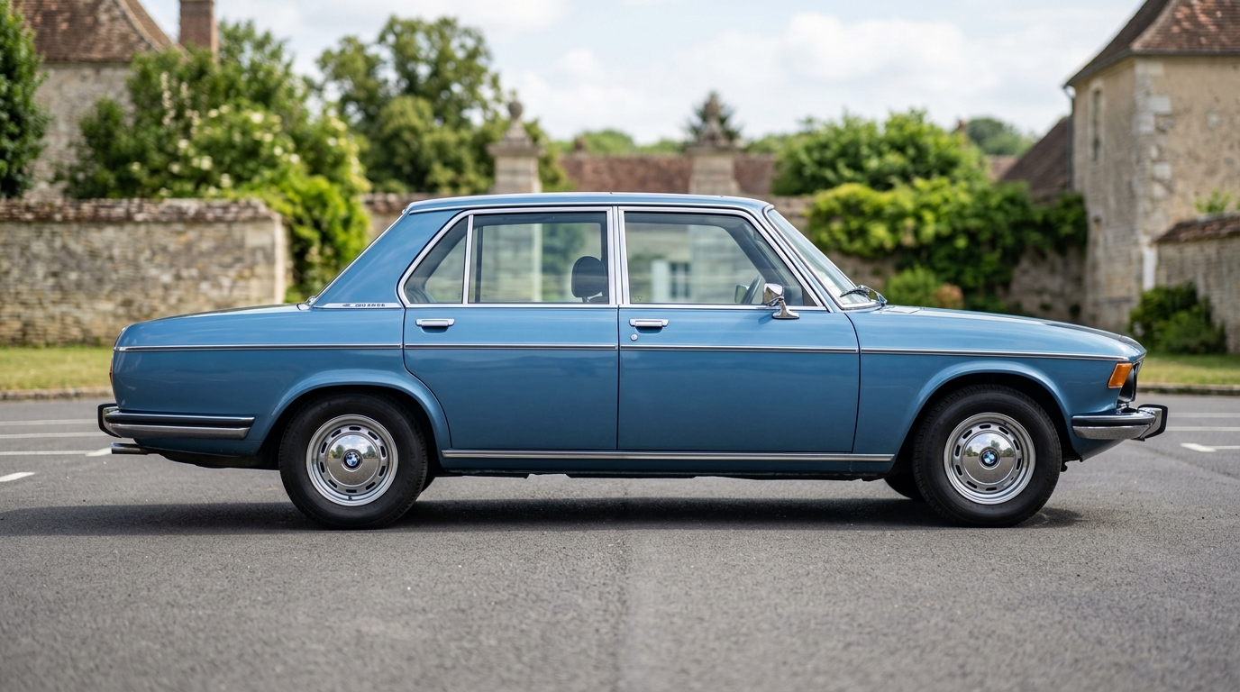 Profil latéral complet d'une BMW E3 bleue classique, soulignant la ligne élégante de la berline allemande.