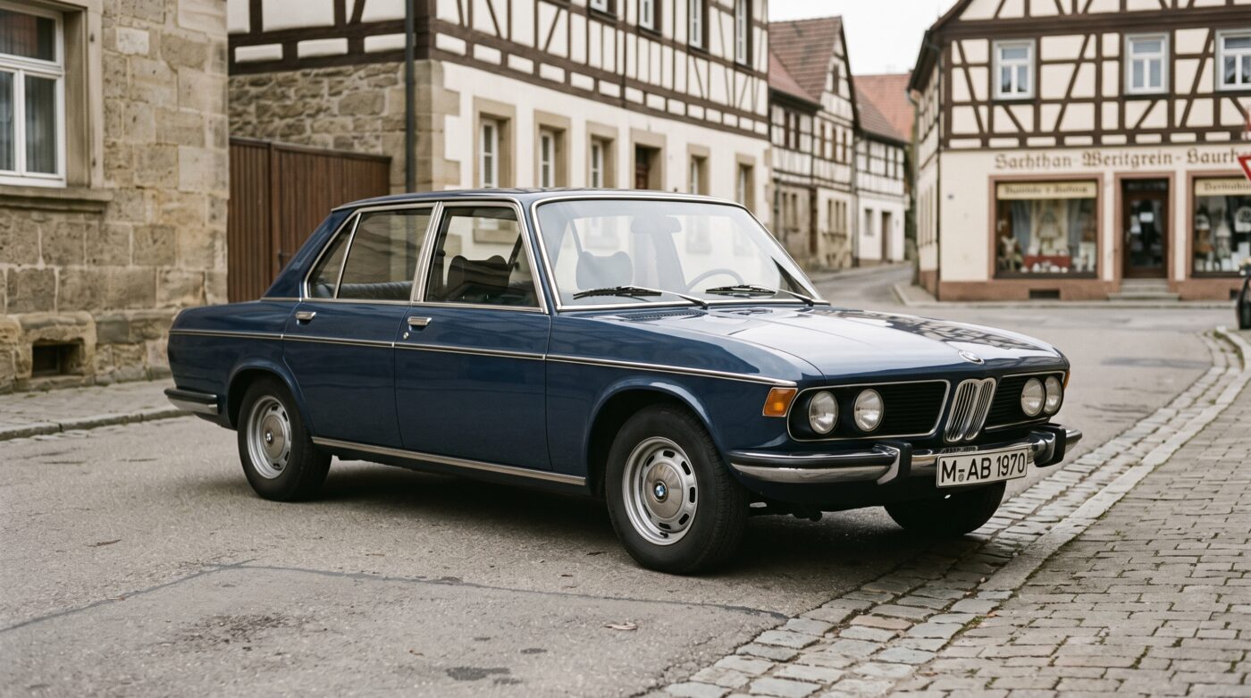 Mise en scène historique d'une BMW E3 bleue devant un bâtiment ancien, illustrant son héritage automobile.