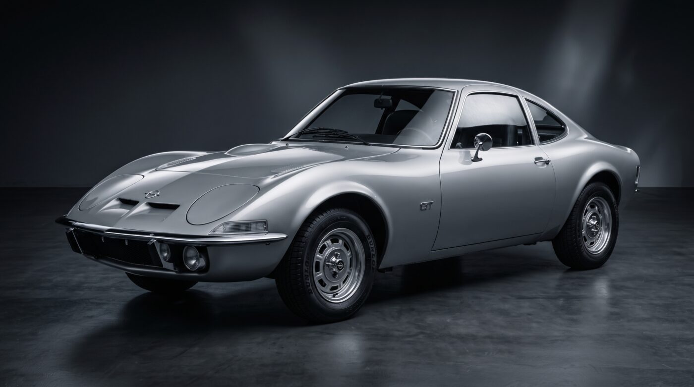 Opel GT 1968 de couleur grise vue de trois quarts avant dans un style de photographie automobile professionnelle.