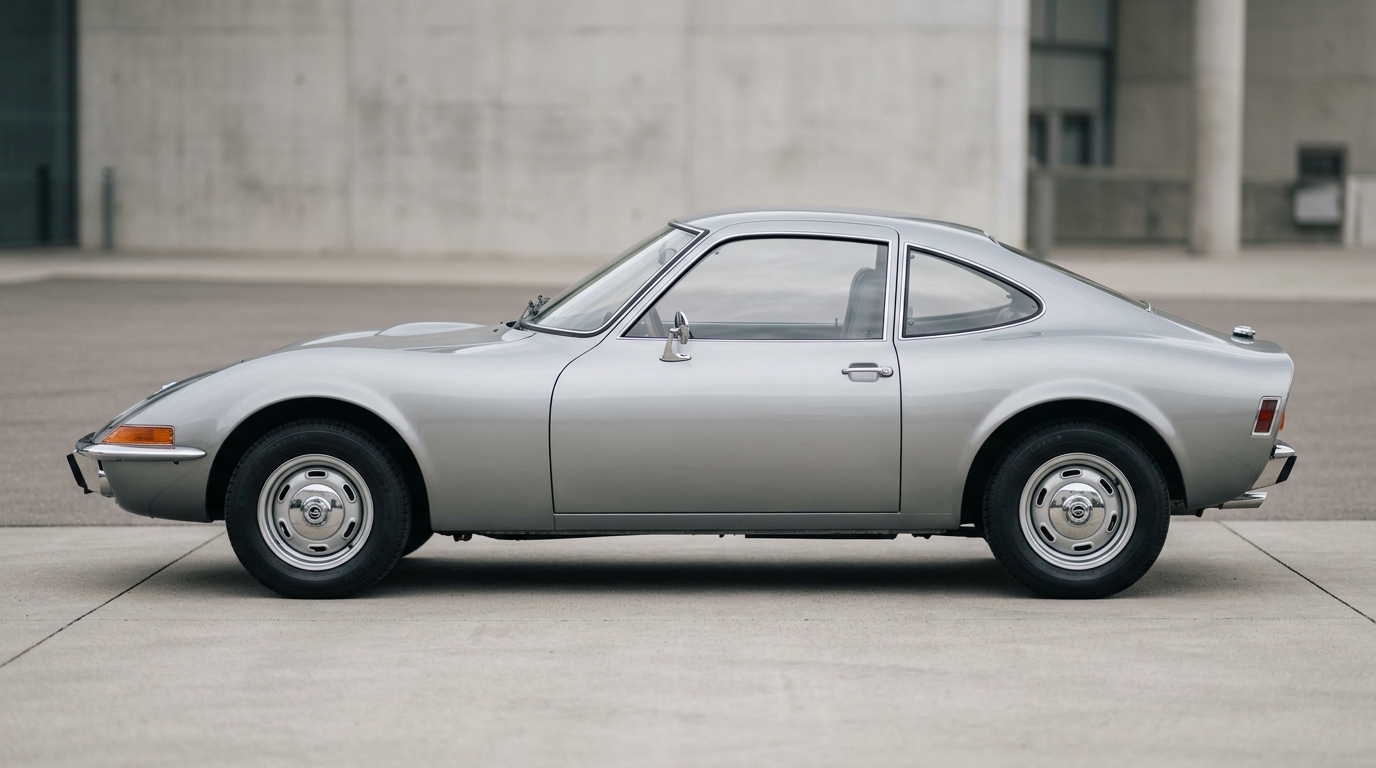 Profil latéral d'une Opel GT 1968 grise soulignant sa silhouette emblématique et son design profilé.