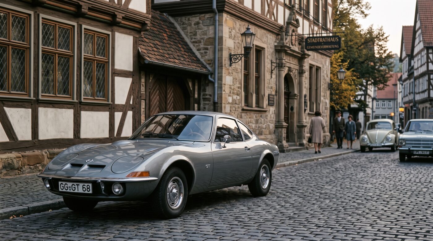 Opel GT 1968 grise dans un cadre historique évoquant le passé et l'héritage de ce modèle iconique.