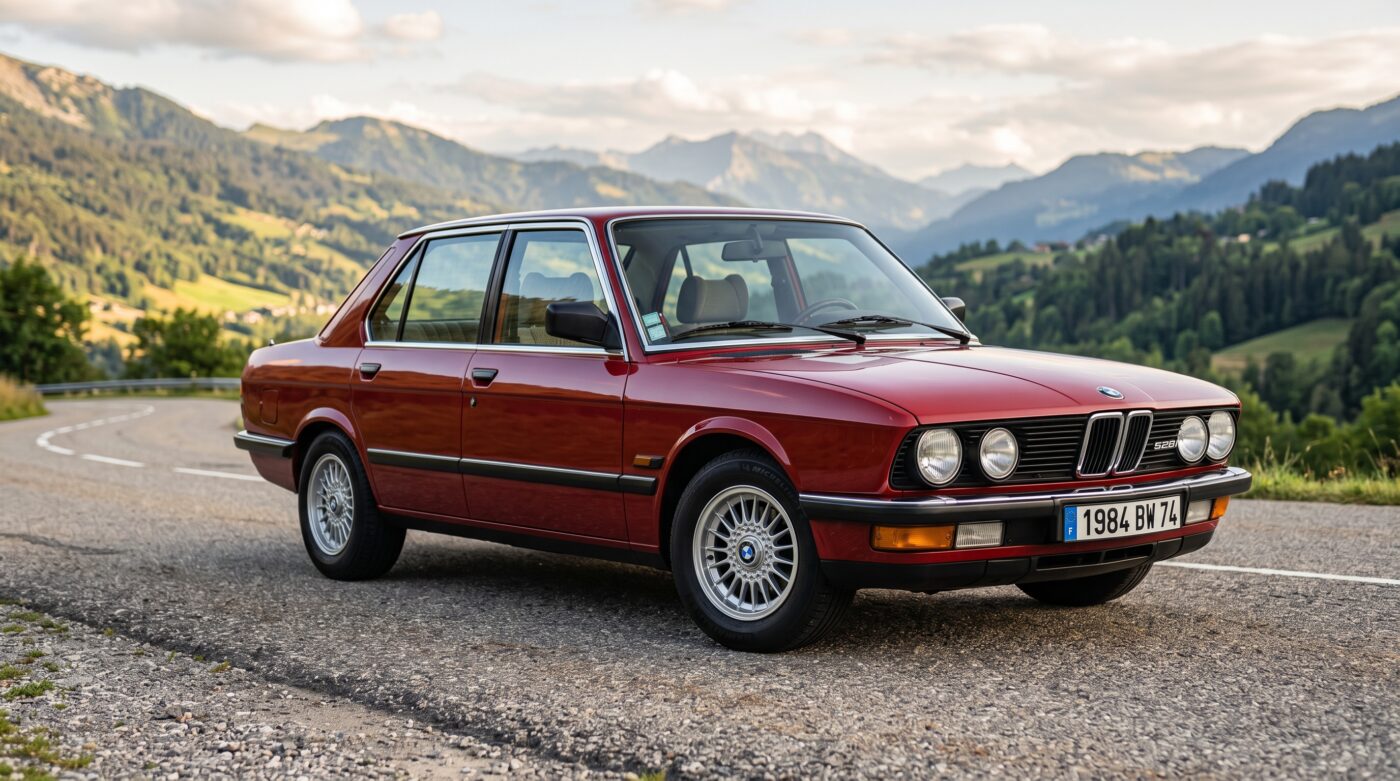 BMW E28 rouge vue de trois quarts avant stationnée sur une route, exemplaire en état collection irréprochable.