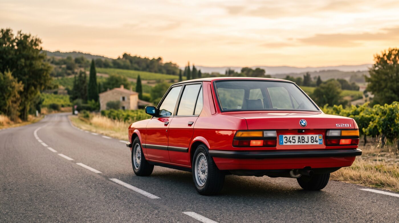 Vue arrière de trois quarts d'une BMW E28 rouge classique, mettant en valeur le design emblématique du modèle.