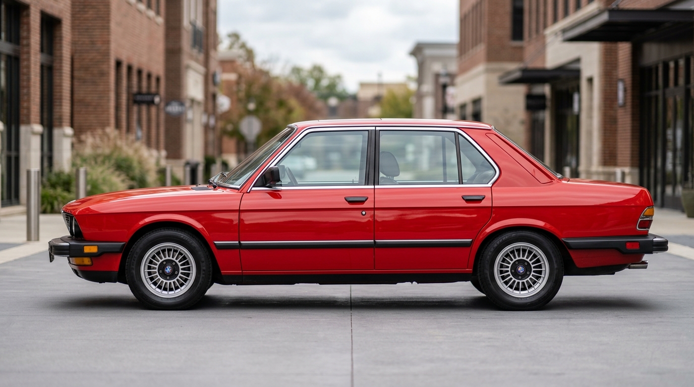 Profil latéral d'une berline BMW E28 rouge parfaitement conservée, illustrant les lignes intemporelles de ce modèle.