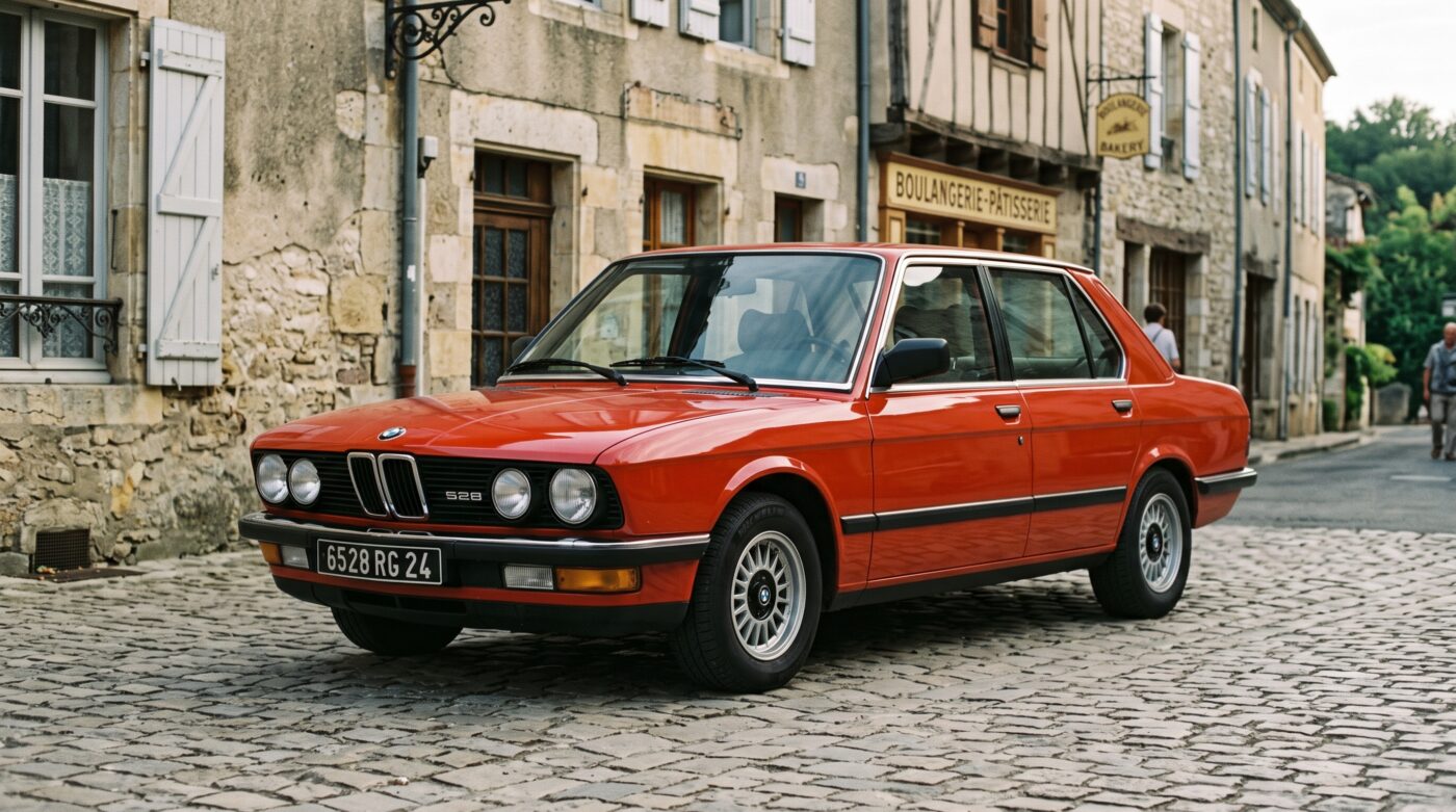 BMW E28 rouge représentative de l'historique du modèle, évoquant la fiabilité et l'héritage de la série 5.
