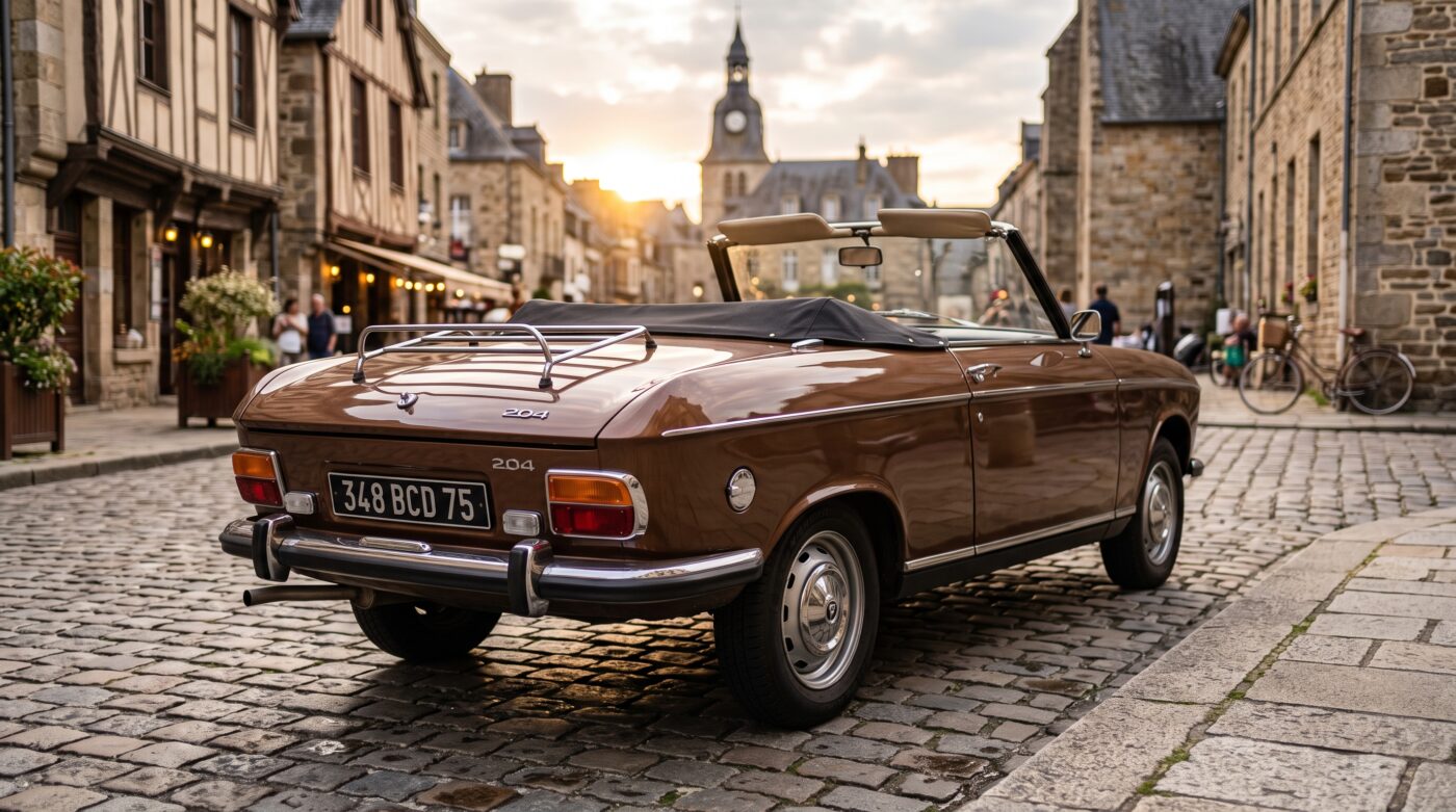 Vue de trois quarts arrière d'une Peugeot 204 Cabriolet marron millésime 1966-1970 avec chromes d'origine.