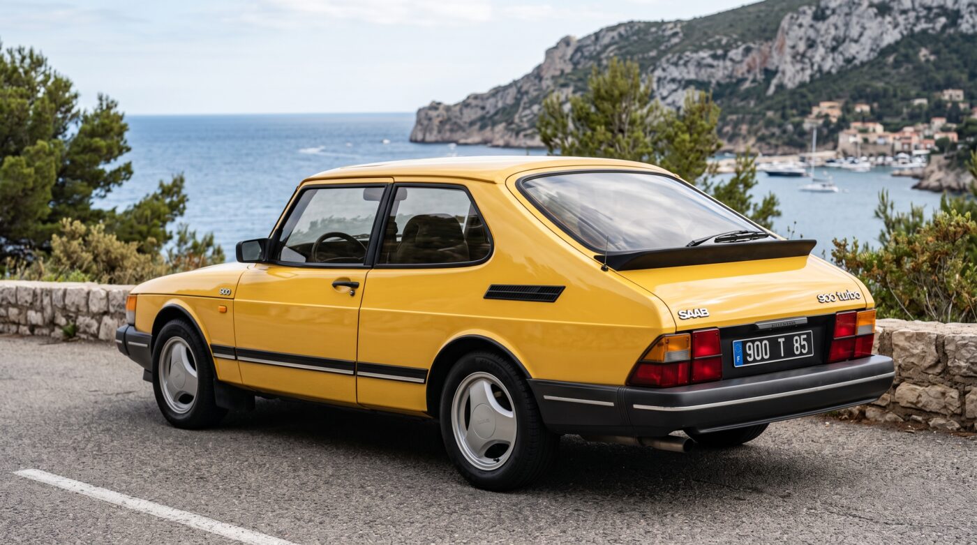 Vue arrière de trois quarts d'une Saab 900 Turbo jaune mettant en valeur son design hatchback unique.