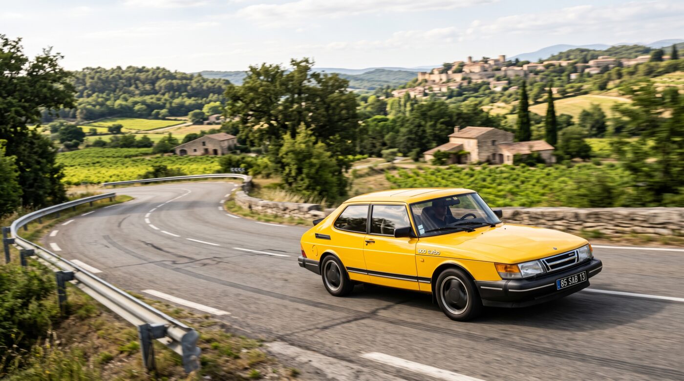 Saab 900 Turbo jaune en action sur une route de campagne, capturée lors d'un essai routier dynamique.