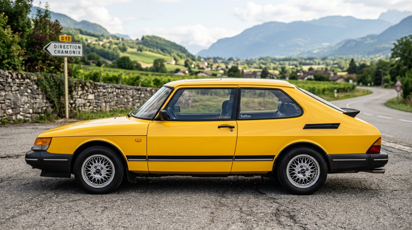 Vue latérale d'une Saab 900 Turbo jaune, soulignant son profil aérodynamique caractéristique et ses lignes épurées.