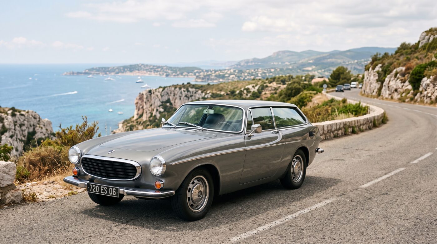 Volvo 1800 ES 1972 gris vue de trois quarts avant, shooting photo professionnel en extérieur.